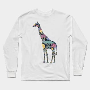 Floral Giraffe Silhouette - Blue and Gold Long Sleeve T-Shirt